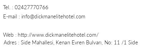 Dickman Elite Hotel telefon numaralar, faks, e-mail, posta adresi ve iletiim bilgileri